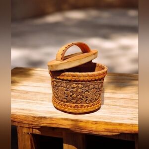 Vintage Handcrafted Floral Carved Birch Bark Basket